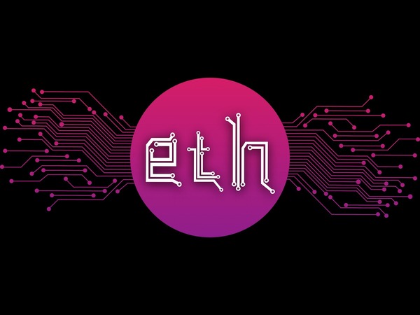 Ethereum ETH emblem with circuit lines on a dark background