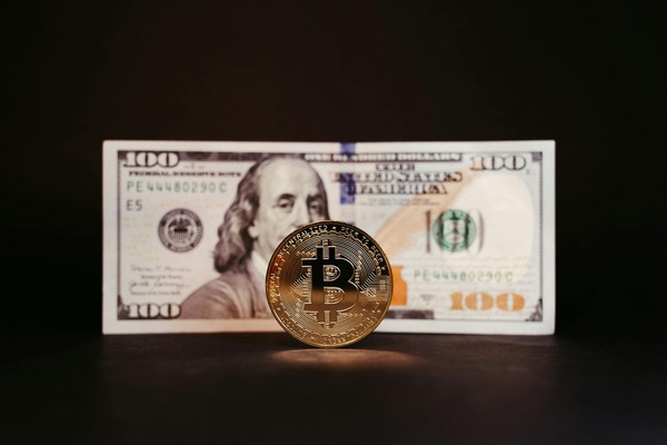 Bitcoin coin in front of a 100 dollar bill