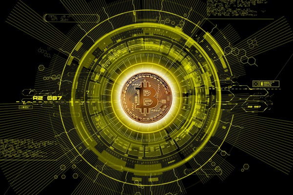 Bitcoin coin inside a digital circular interface